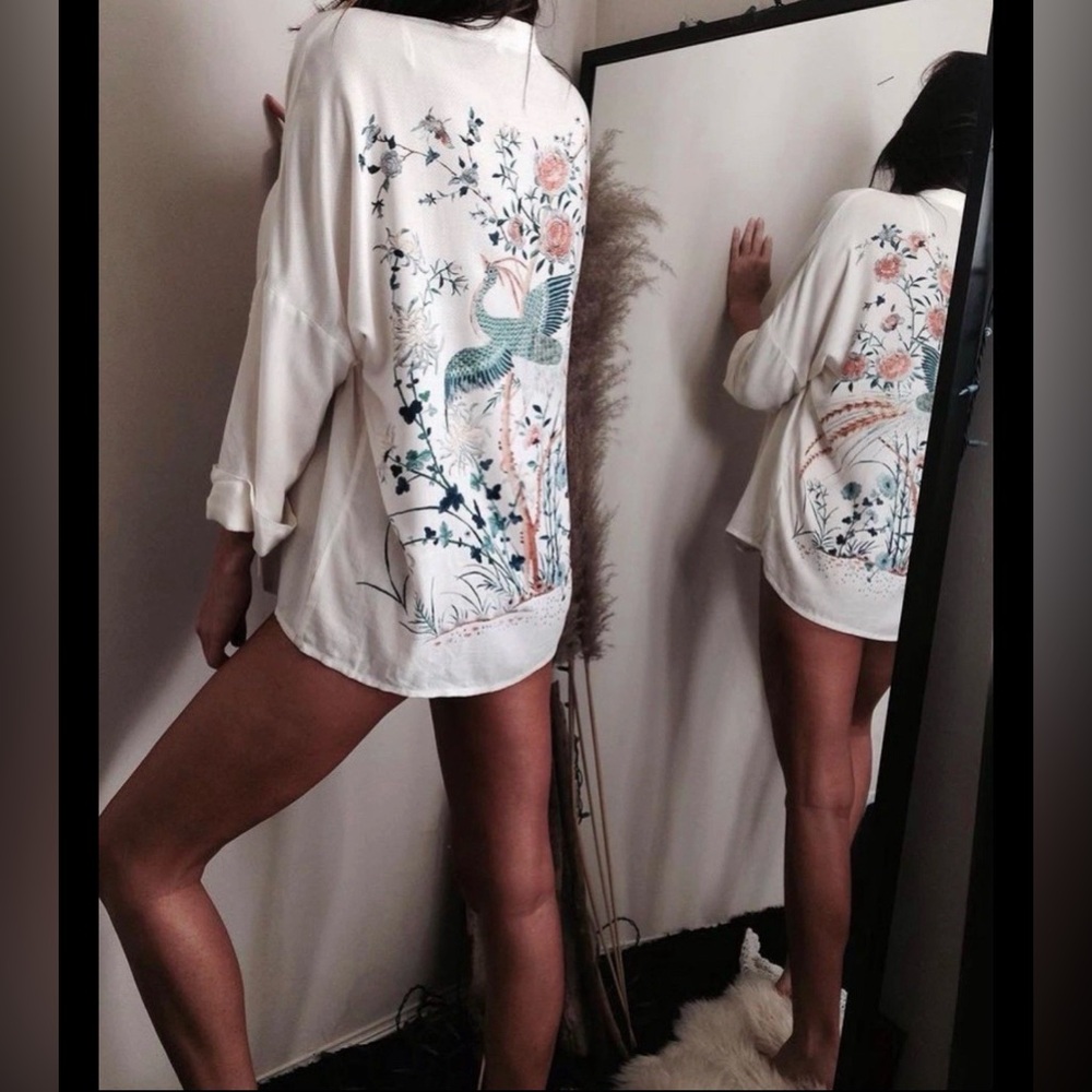JENS PIRATE BOOTY x FREE PEOPLE BOHO FLORAL PEACOCK CRANE KIMONO ANTHROPOLOGIE - Picture 2 of 9